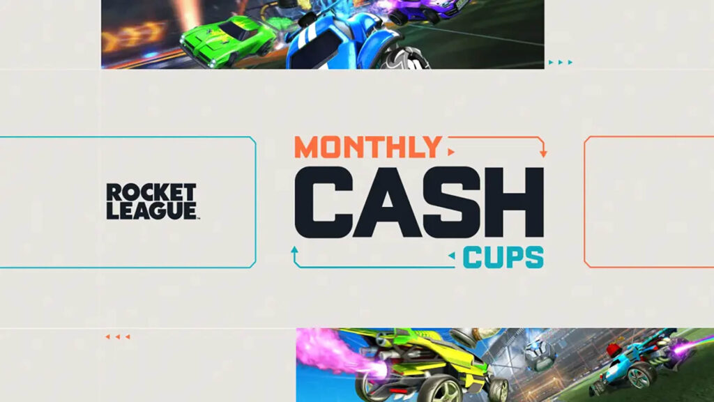 Image of Rocket League logo next to orange, black, and blue text on a pale background