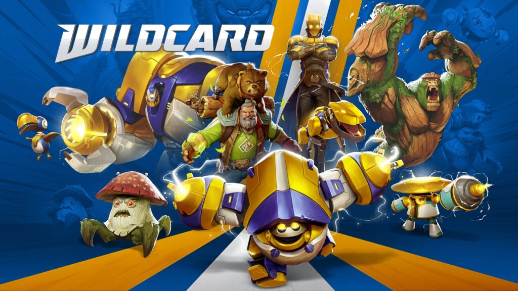 Image of Wildcard logo with characters from game in foreground. The background is blue, white, and orange