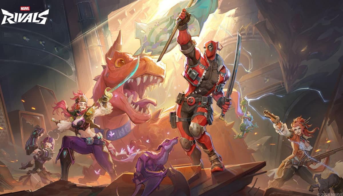 A promotional image for the video game Marvel Rivals featuring the new characters from Season 6, Deadpool, Elsa Bloodstone, and a pirate-themed Psylocke