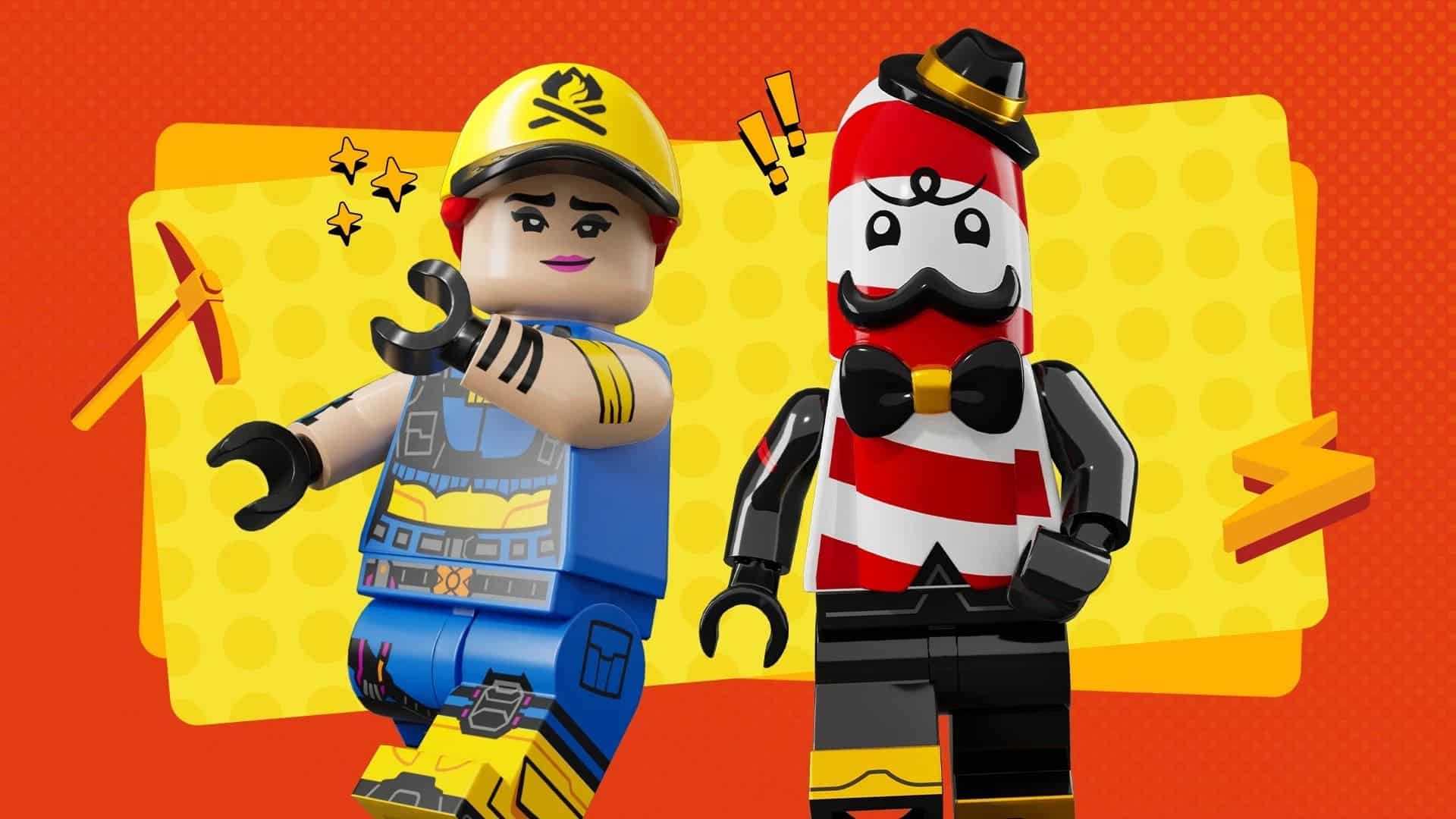A promotional image for LEGO Fortnite featuring two minifigure characters: Explorer Emilie in blue overalls and a yellow hard hat holding a wrench and pickaxe, and Mr. Dappermint in a red-and-white striped suit with a black top hat and bow tie