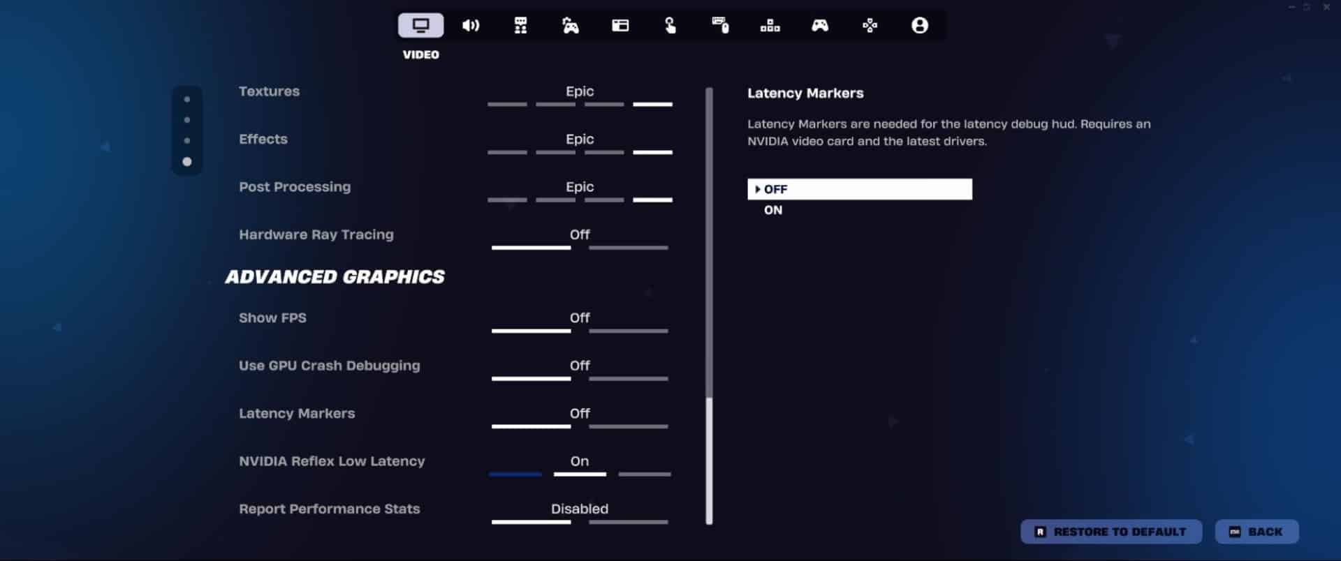 Fortnite  settings screen showing advanced graphics options. Textures, Effects, Post Processing set to Epic, Ray Tracing Off, NVIDIA Reflex Low Latency On