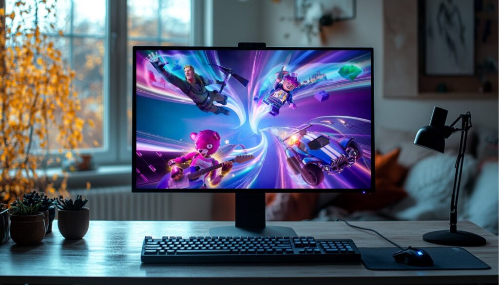 Computer monitor displaying vibrant Fortnite characters and vehicles from various game modes like Battle Royale, LEGO, Festival, and Rocket Racing, highlighting the game's diversity in 2025.