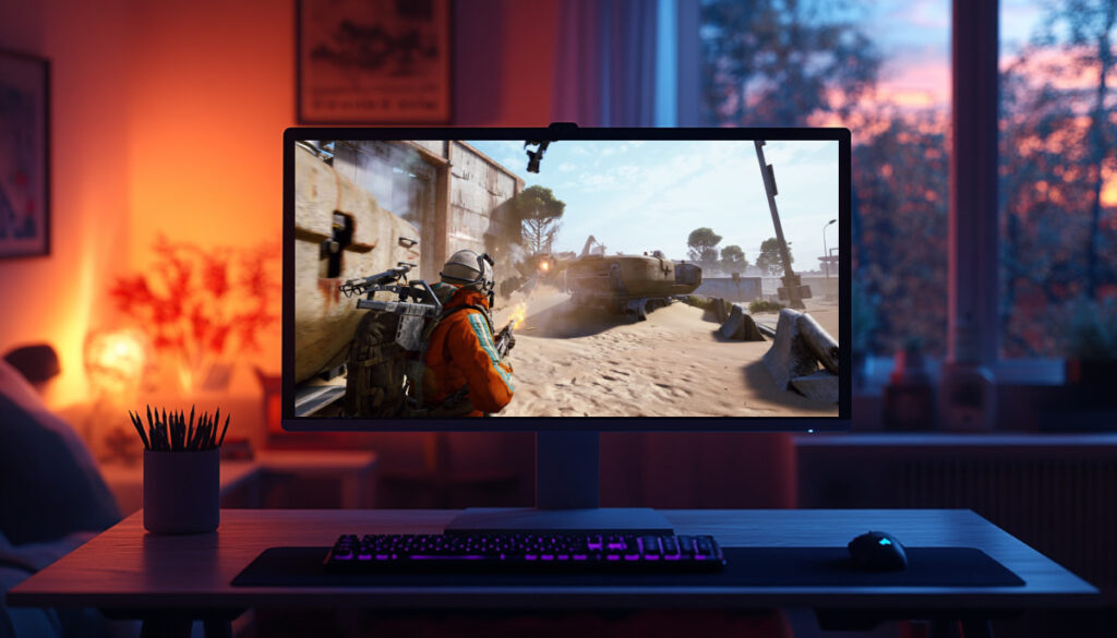 Arc Raiders gameplay on a monitor in a cozy sunset-lit room, showing a player firing at an enemy vehicle.