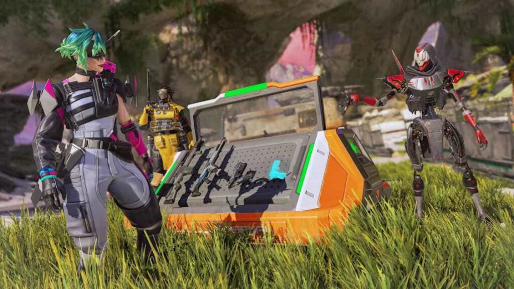 A futuristic scene featuring two characters from Apex Legends and a robotic figure near a weapon cache amidst vibrant grass and rocky terrain.