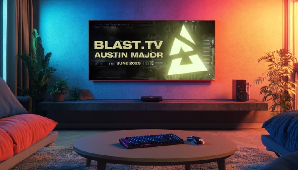 A living room setup with BLAST.tv Austin Major 2025 displayed on a TV screen, promoting the upcoming CS2 event.