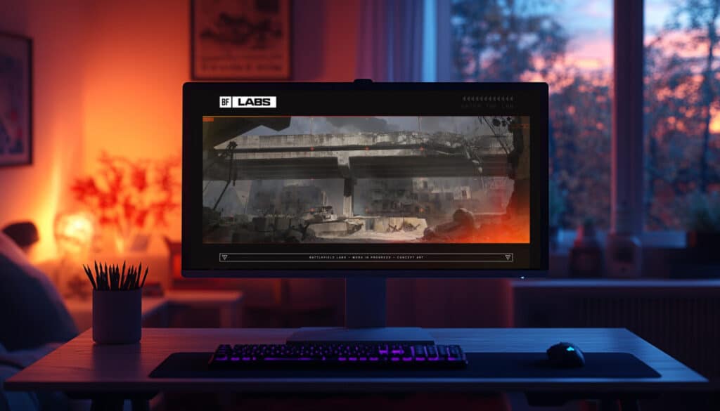 A gaming setup in a cozy, warmly lit room at sunset, showing a monitor with Battlefield 6 Labs gameplay footage on screen