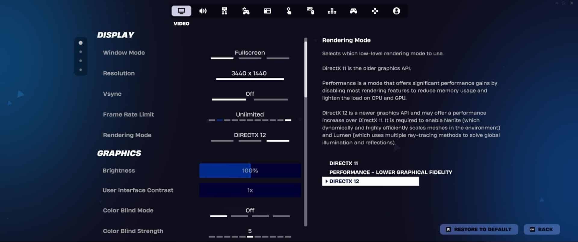 Fortnite settings screen showing display and graphics options. Includes window mode, resolution, Vsync, frame rate, and rendering mode