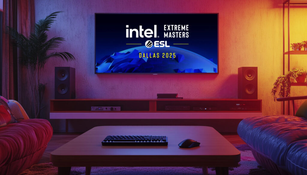Living room setup with a large TV screen displaying the Intel Extreme Masters Dallas 2025 logo, promoting the upcoming CS2 esports tournament.