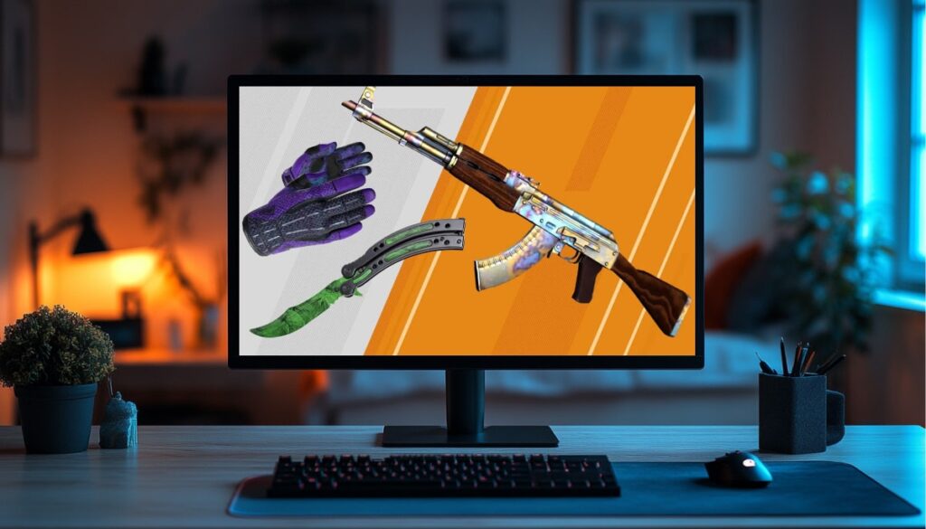 Computer screen displaying CS2 skins, including gloves, a knife, and a colorful AK-47, with a cozy gaming setup in the background.