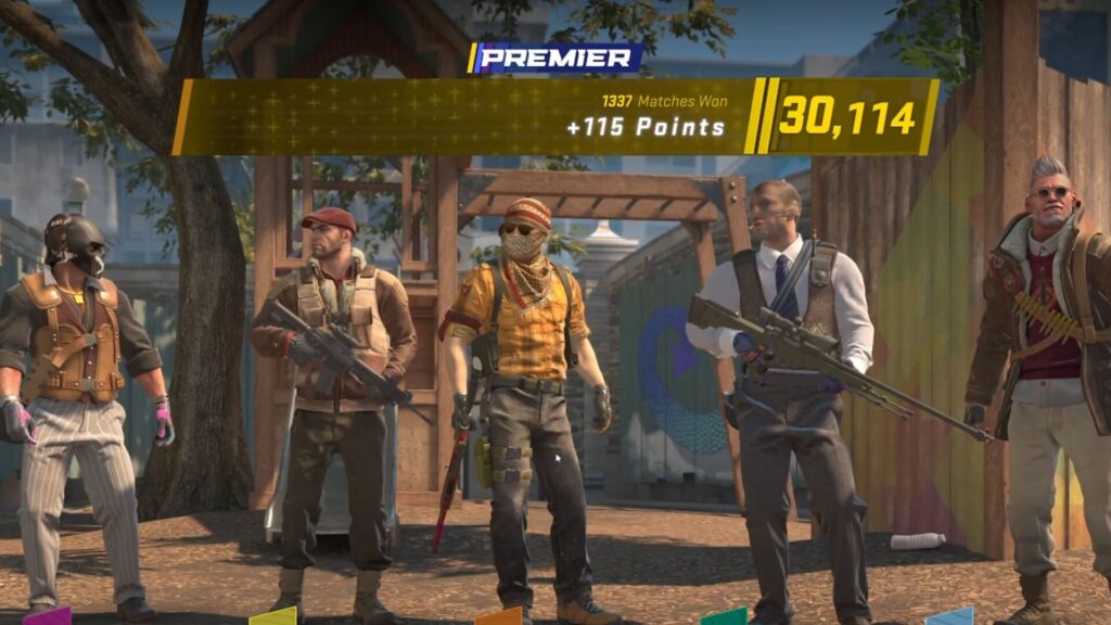 A group of five armed CS2 game characters stands outdoors, displaying their scores and stats in a competitive gaming interface.