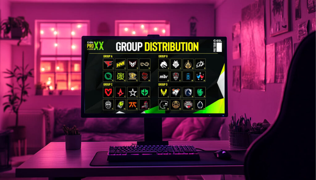 A computer screen displays the ESL Pro League XX group distribution, featuring team logos organized in four groups against a colorful background.
