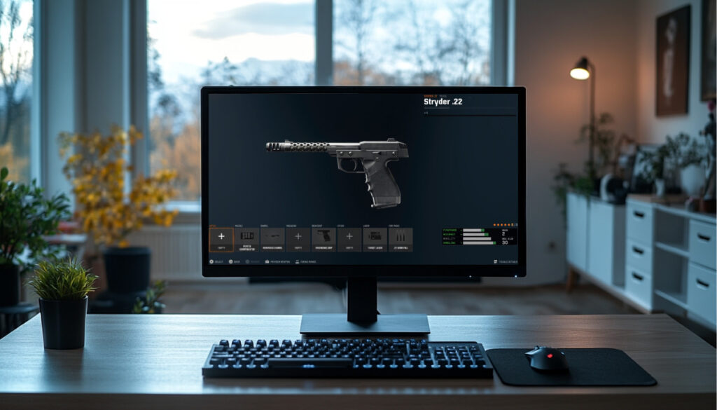 A first-person shooter loadout customization screen showing a silenced pistol on a gaming monitor in a clean, modern setup — illustrating weapon builds and meta loadouts in Black Ops 6.