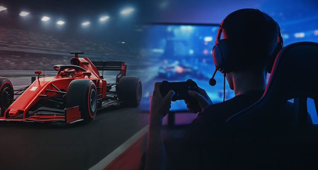 A gamer sits in a dark room, focused on a racing video game, with a vivid red race car displayed on the screen in front.