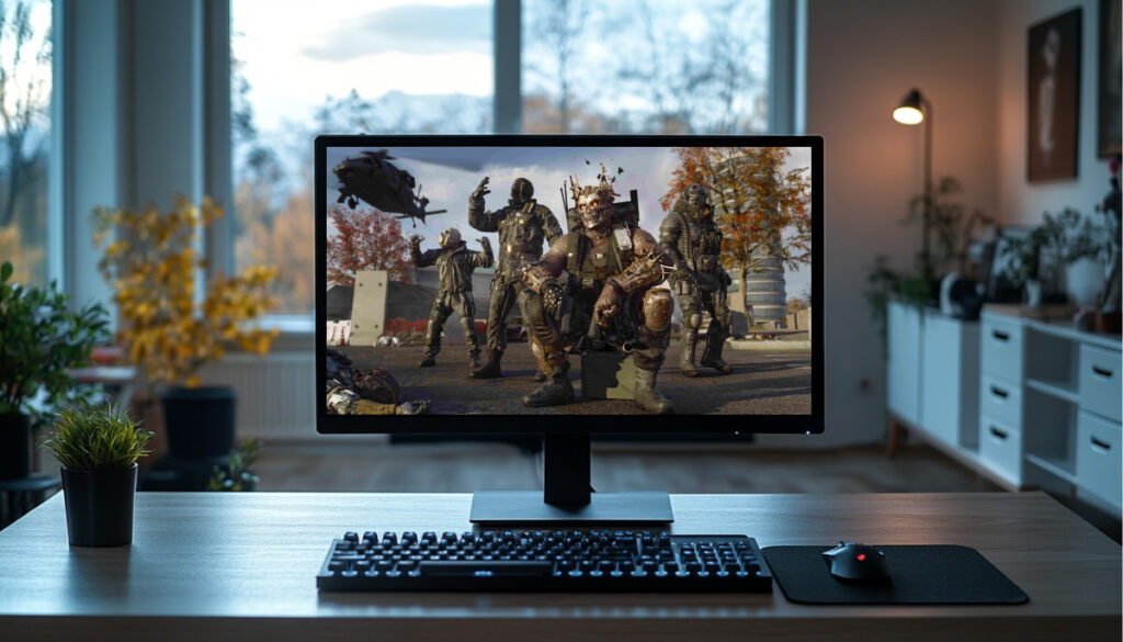 A computer monitor on a desk displaying a Call of Duty Warzone Season 3 scene with armored soldiers posing in an autumn-themed battlefield, viewed from a modern home gaming setup.