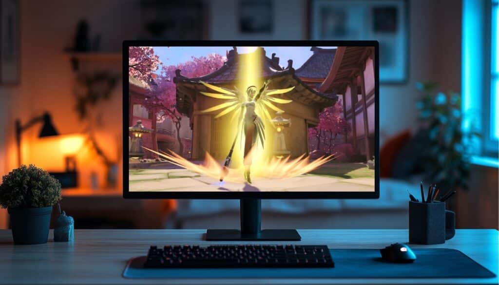 A desktop setup with Overwatch 2's Mercy using Resurrect on screen -reflecting ongoing debates about the hero's design and need for a rework.
