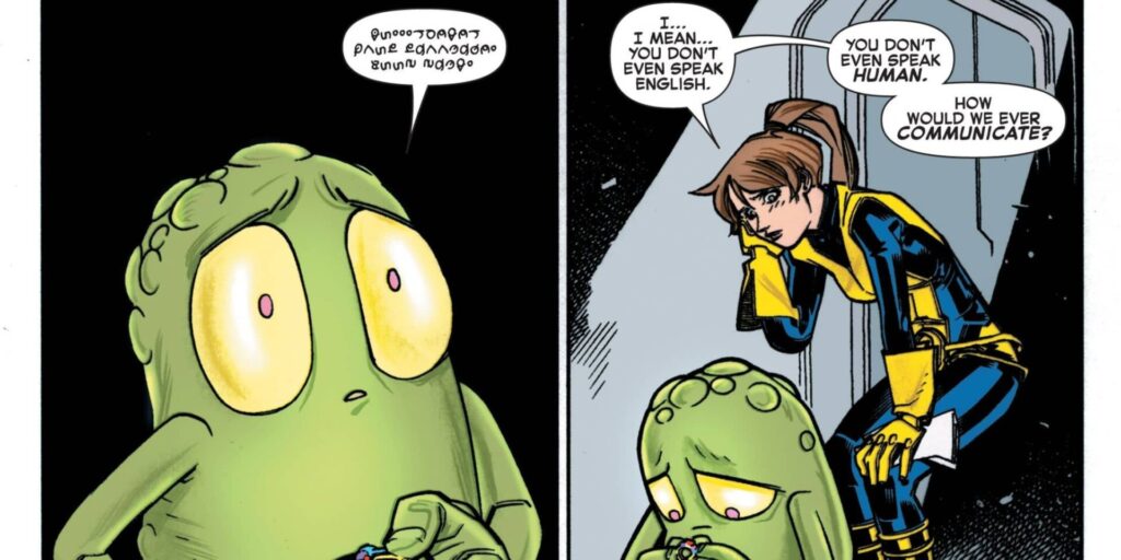 Comic panel: Doop, a small green alien, stands silently while a concerned female superhero says, "You don't even speak human. How would we ever communicate?"