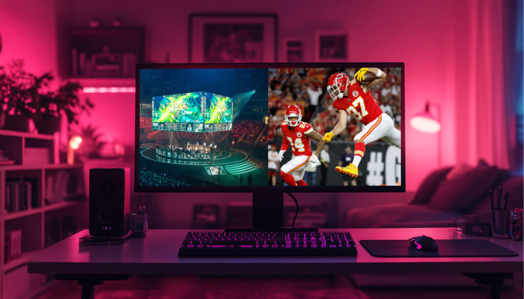 A gaming setup features a monitor displaying a vibrant esports event on one side and a lively football scene on the other.