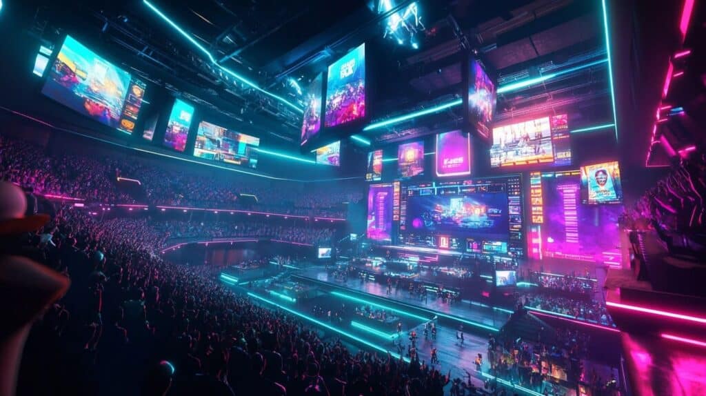 Futuristic esports arena packed with a vibrant crowd and glowing digital screens, representing the explosive growth and high-tech branding potential of esports marketing in 2025.