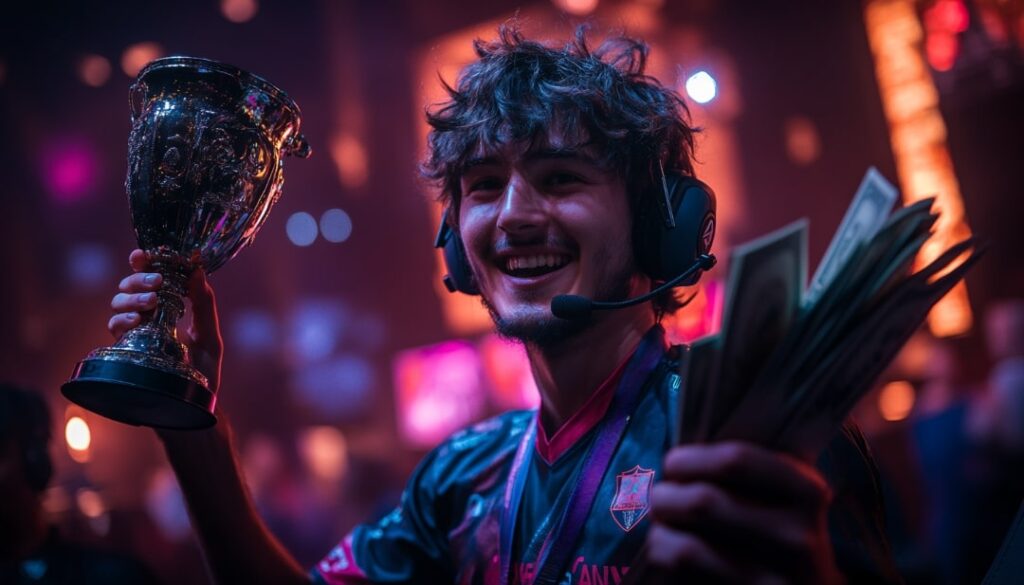 Smiling esports player wearing a headset, holding a trophy in one hand and a stack of cash in the other, with a vibrant gaming stage in the background.