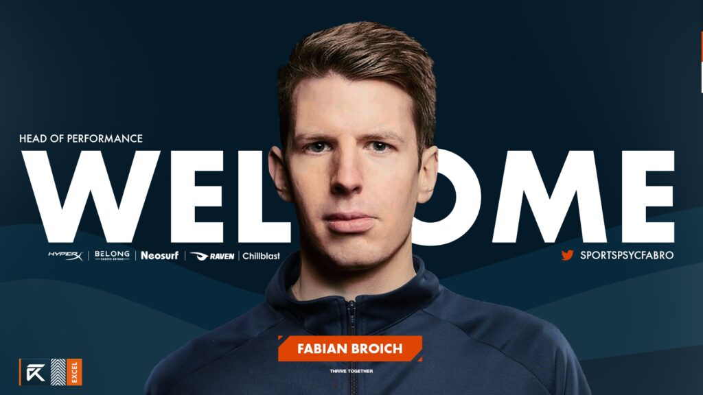 Portrait of Fabian Broich with the word "WELCOME" in large text behind him, announcing his role as Head of Performance for Excel Esports, alongside sponsor logos.