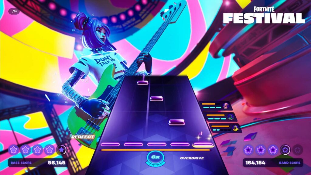 Colorful Fortnite Festival gameplay screen showing a character playing bass guitar in a rhythm game with a music note track interface.