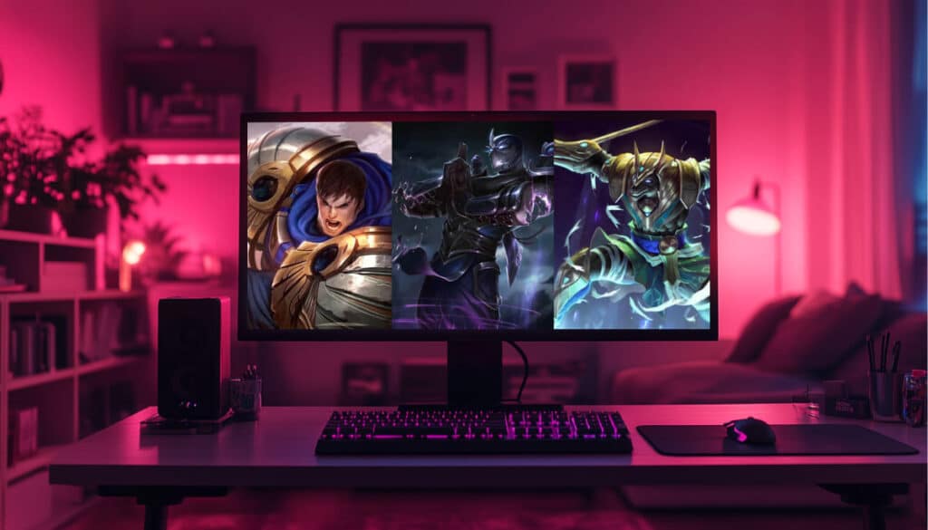 A gaming setup with a computer monitor displaying LOL character art, flanked by plants and illuminated by pink ambient lighting.
