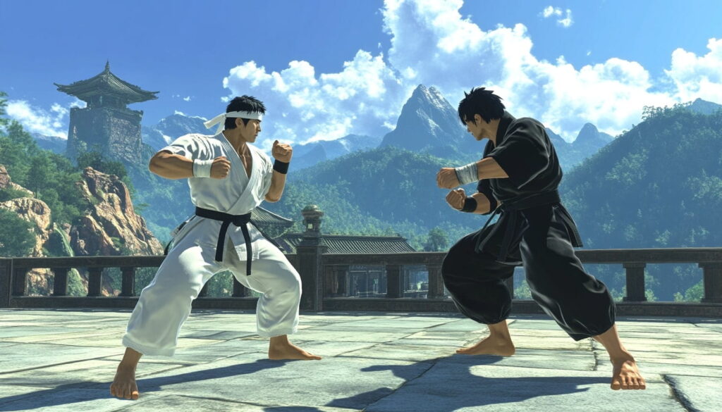 Two Virtua Fighter characters in a side-view fighting stance on a mountaintop dojo stage, with traditional Japanese architecture and forested mountains in the background under a bright blue sky.