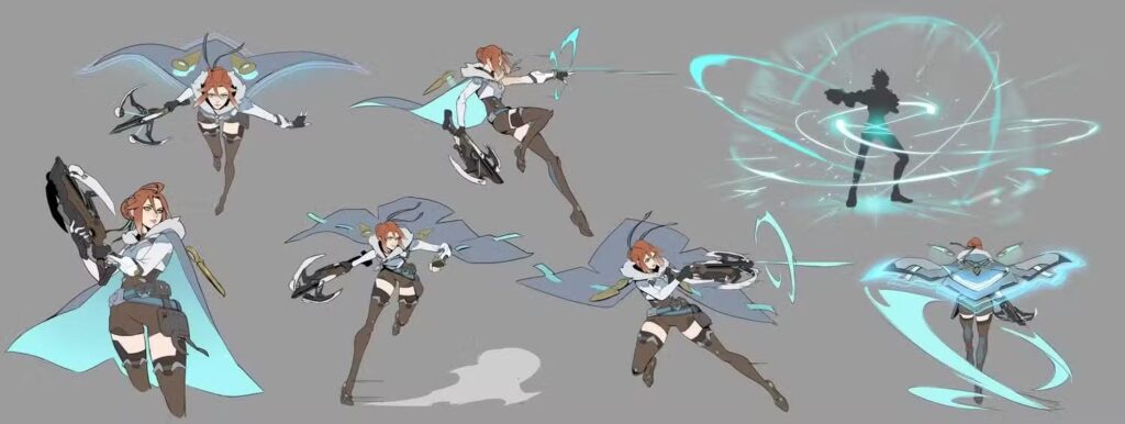 Freja concept art showcasing an action-packed pose with futuristic weapons and swirling energy effects.