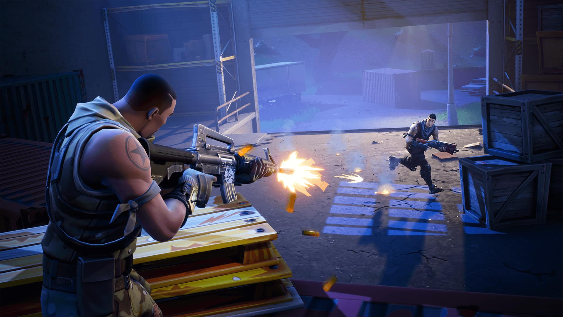 Fortnite scene shows two characters in a warehouse shooting at each other. The foreground character fires a rifle, sparks and bullets flying, while the background character hides near crates