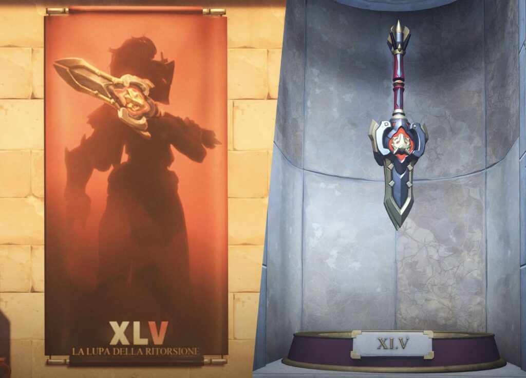 A banner featuring a shadowy warrior with a sword on the left, alongside a displayed ornate sword on the right, both labeled "XLV."