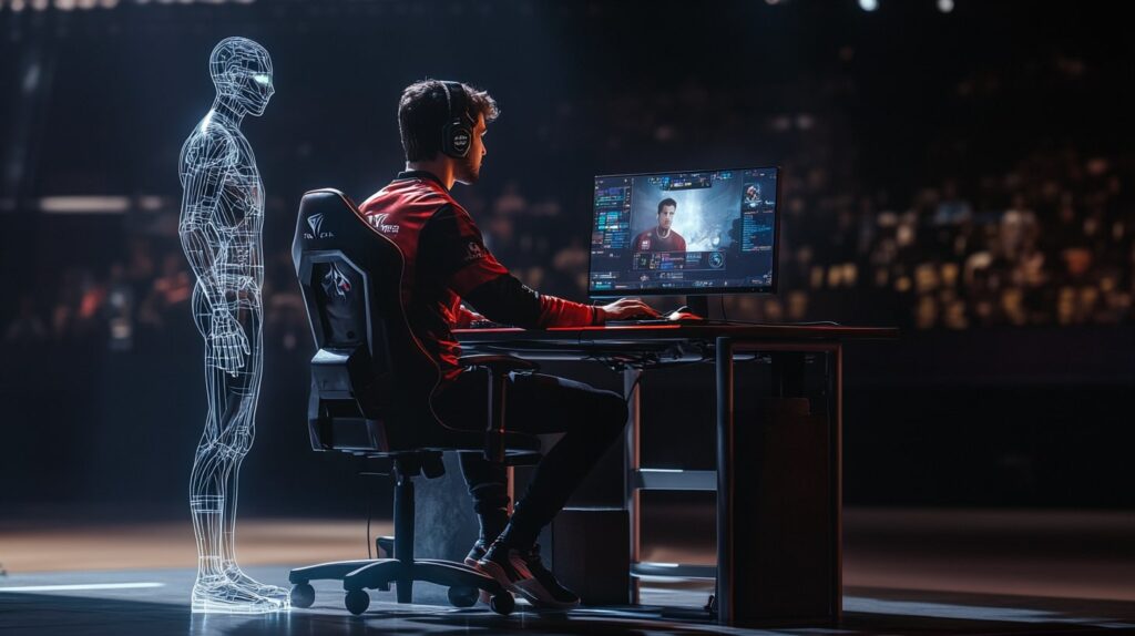 A professional esports player competing on stage with a transparent AI assistant figure standing behind him, watching the screen.