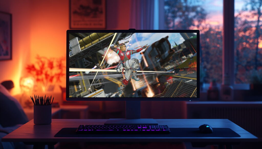 Apex Legends gameplay showing Sparrow mid-air with a bow, displayed on a gaming monitor in a cozy setup, emphasizing his agility and impact on competitive play.