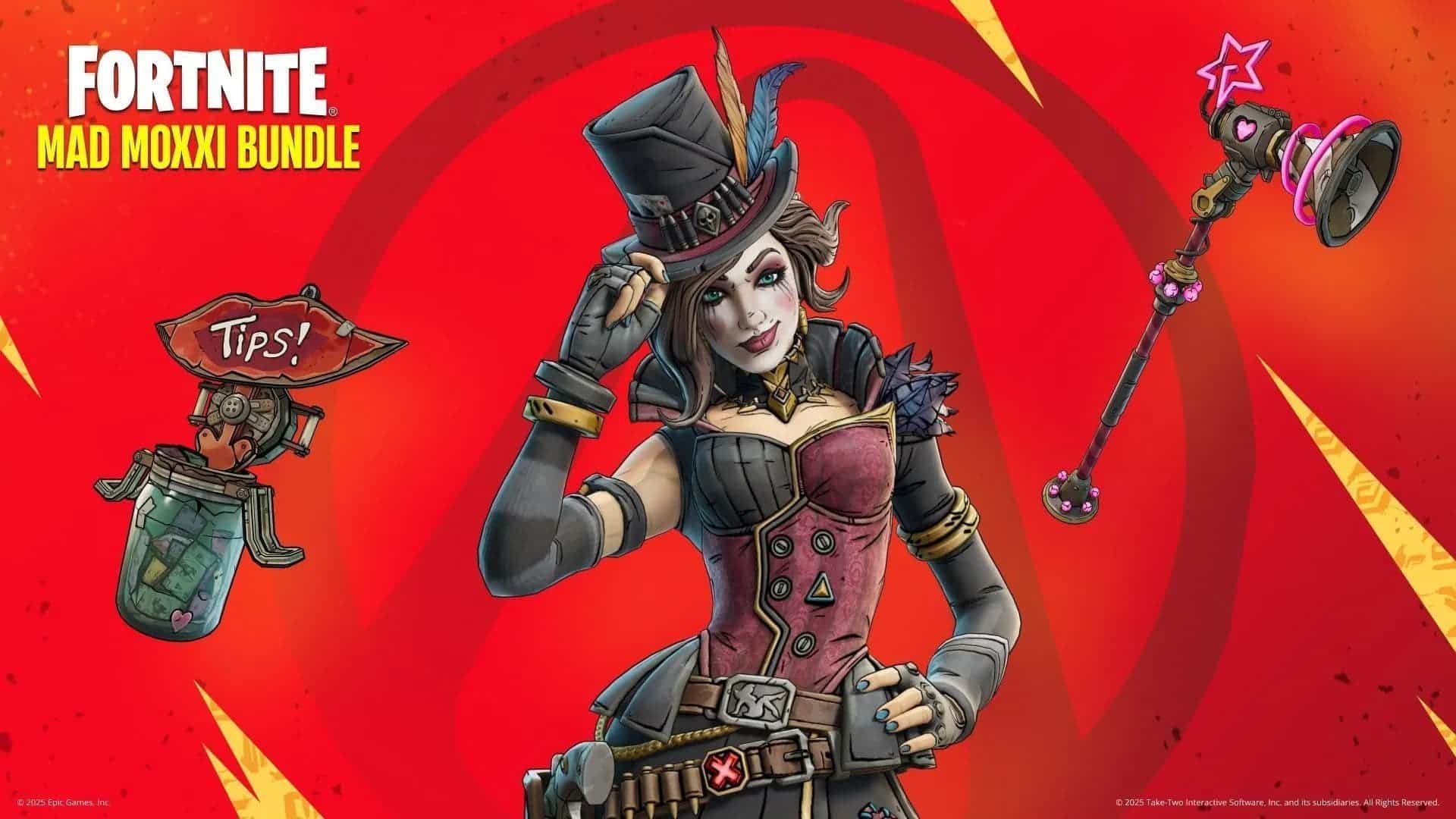 A promotional image for the Fortnite Mad Moxxi Bundle, featuring the character Mad Moxxi in a showgirl-style outfit and top hat, a "Tips!" jar back bling, and a themed pickaxe