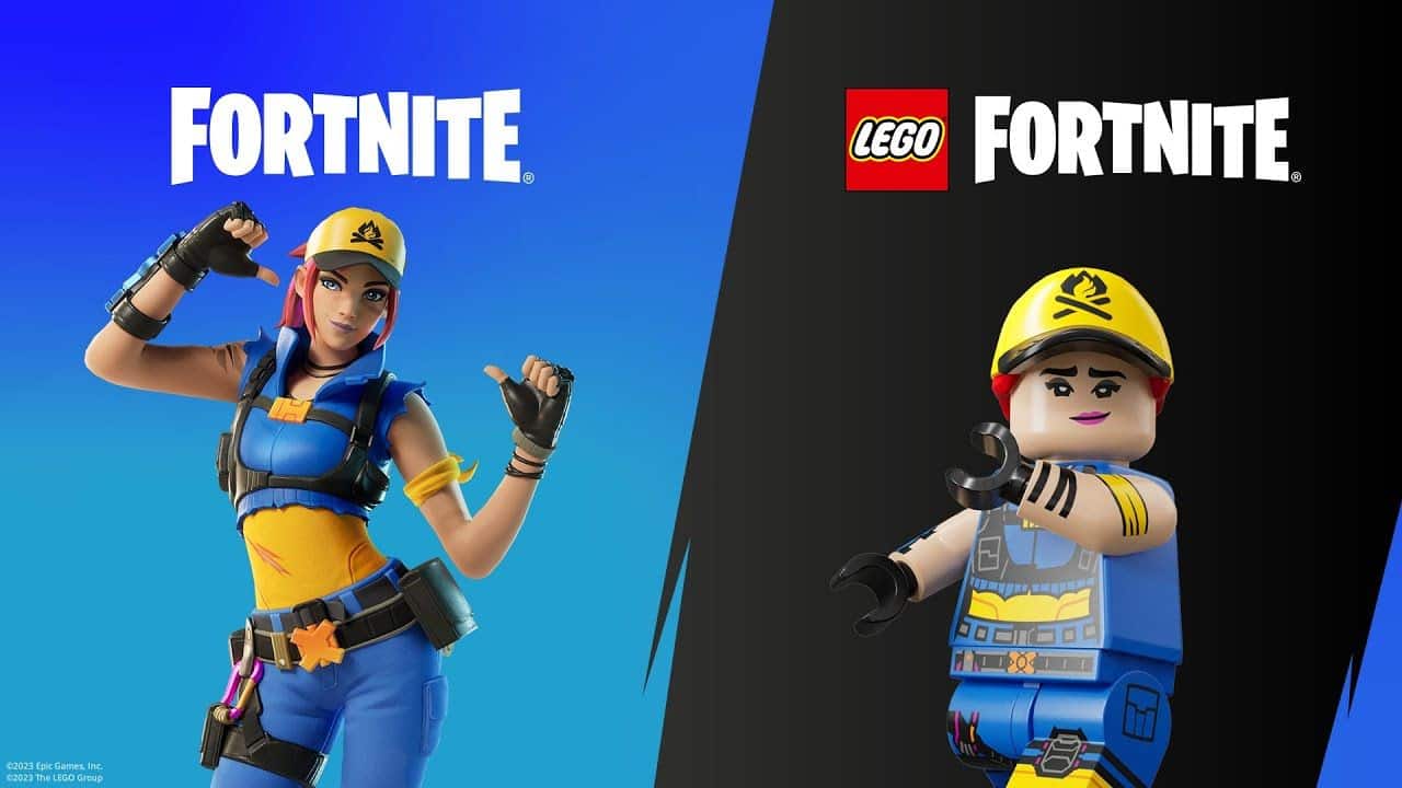 Collage with usual and LEGO Explorer Emilie in Fortnite