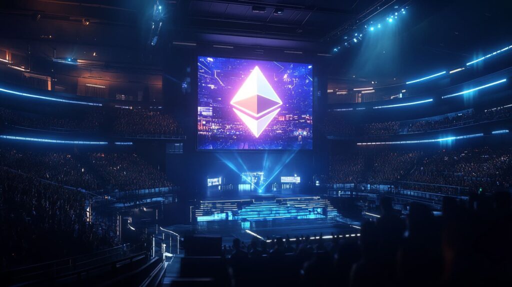 A packed arena features a large screen displaying the Ethereum logo, illuminated by vibrant blue lights and intense stage effects.