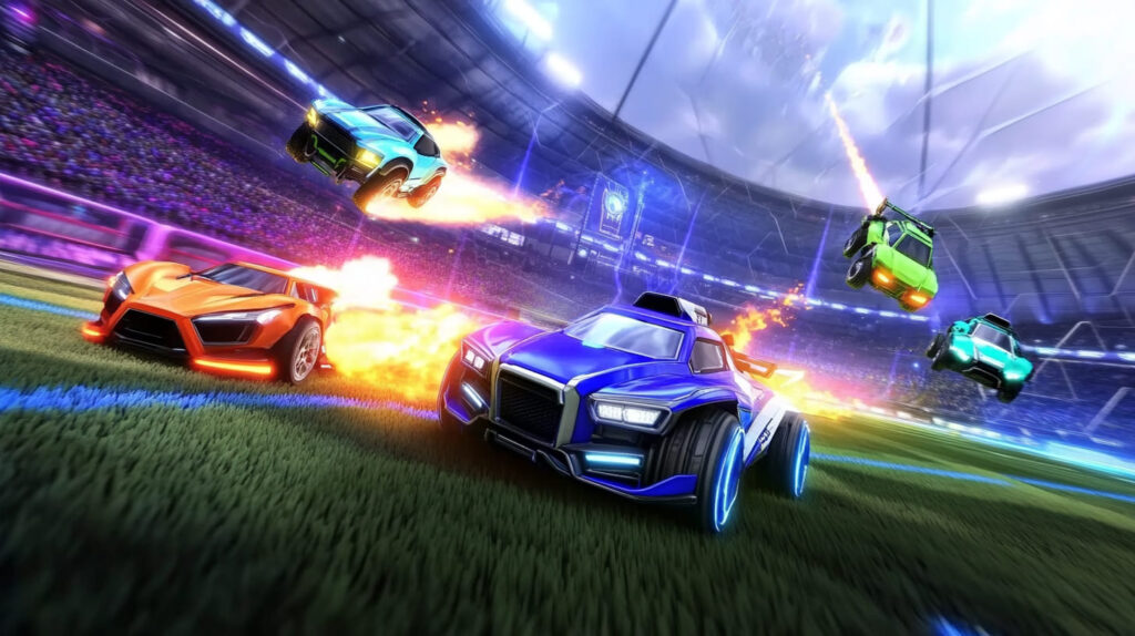 Four vibrant cars from Rocket League soar through a stadium, leaving trails of flames, in an energetic Rocket League gaming scene.