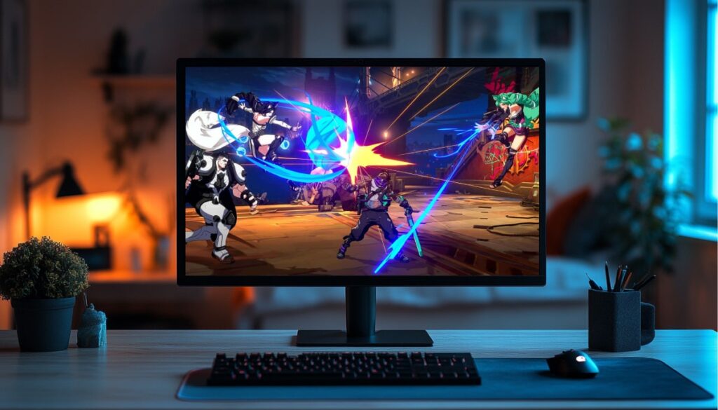 A desktop gaming setup showing a monitor with 2XKO gameplay, featuring colorful tag-team combat between stylized fighters in a cel-shaded arena, set in a cozy, dimly lit room.