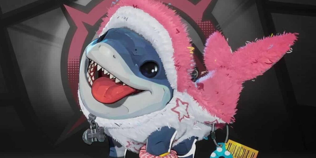 A cartoonish shark character Jeff wearing a fluffy pink cape, adorned with colorful accessories and set against a dark, abstract background.