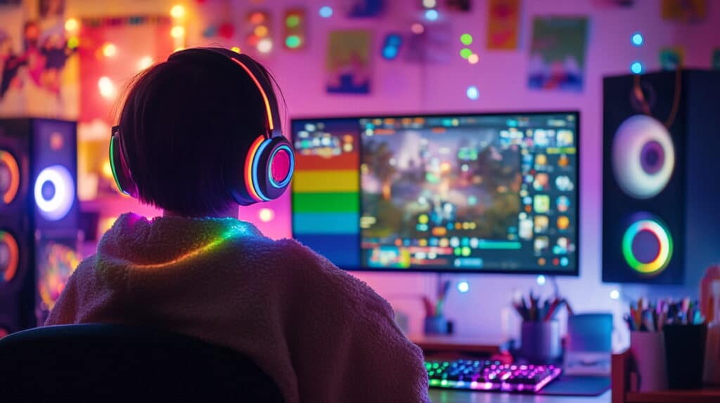 Gamer with rainbow headphones at a colorful setup with a Pride flag, representing LGBTQ inclusion in esports.