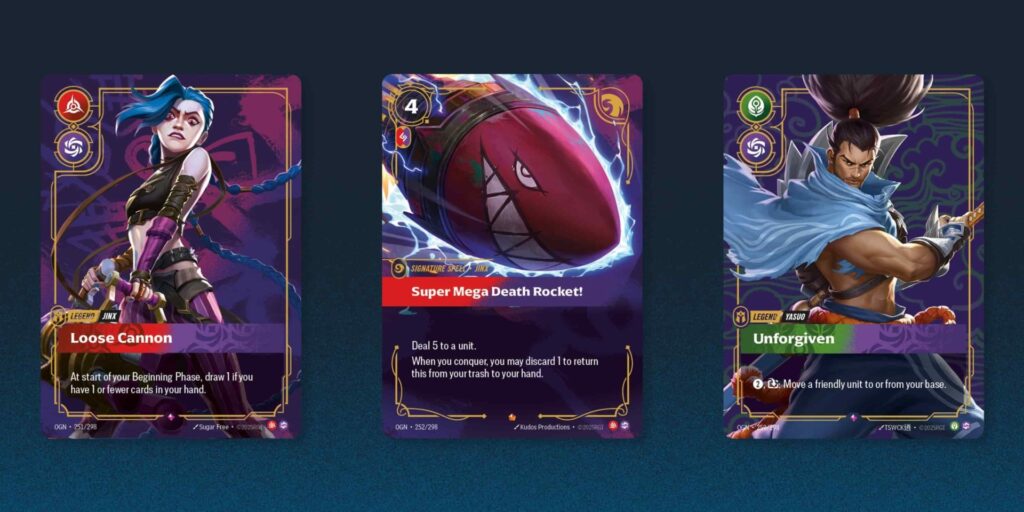 Riftbound TCG cards featuring Jinx’s Loose Cannon and Super Mega Death Rocket, and Yasuo’s Unforgiven