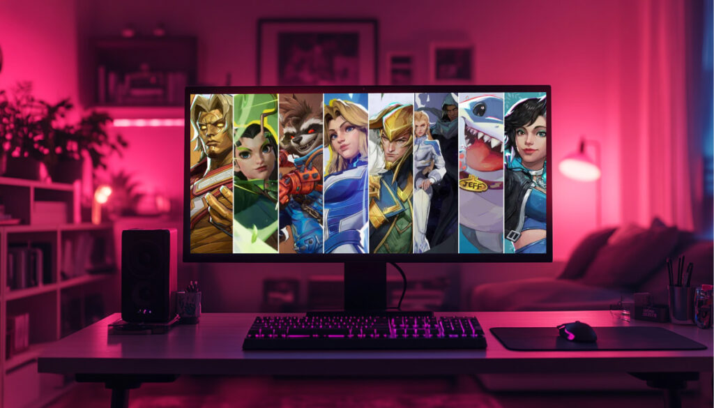 A desktop gaming setup with a wide monitor displaying a lineup of Marvel Rivals Strategist heroes