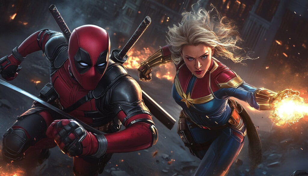Deadpool and Captain Marvel in dynamic action, representing bold and unexpected character choices that could join the Marvel Rivals roster.