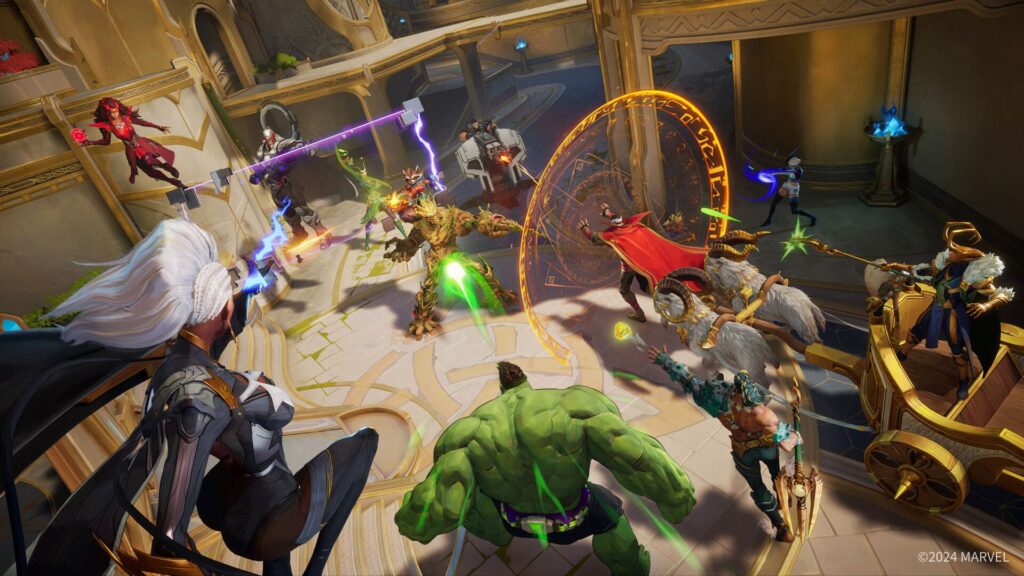 A dynamic battle scene featuring Marvel heroes, including Hulk and Doctor Strange, unleashing powers in a vibrant, ancient setting.
