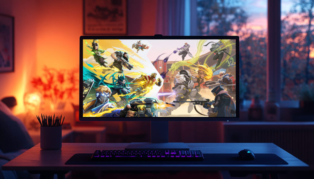 A vibrant gaming setup featuring a monitor displaying animated characters in combat, illuminated by warm, ambient lighting.