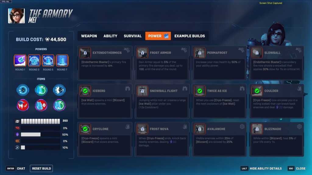 In-game screenshot of the Overwatch Stadium Armory screen showing Mei’s build setup, with selected powers including Iceberg, Twice as Ice, and Cryclone, and a build cost of 44,500.