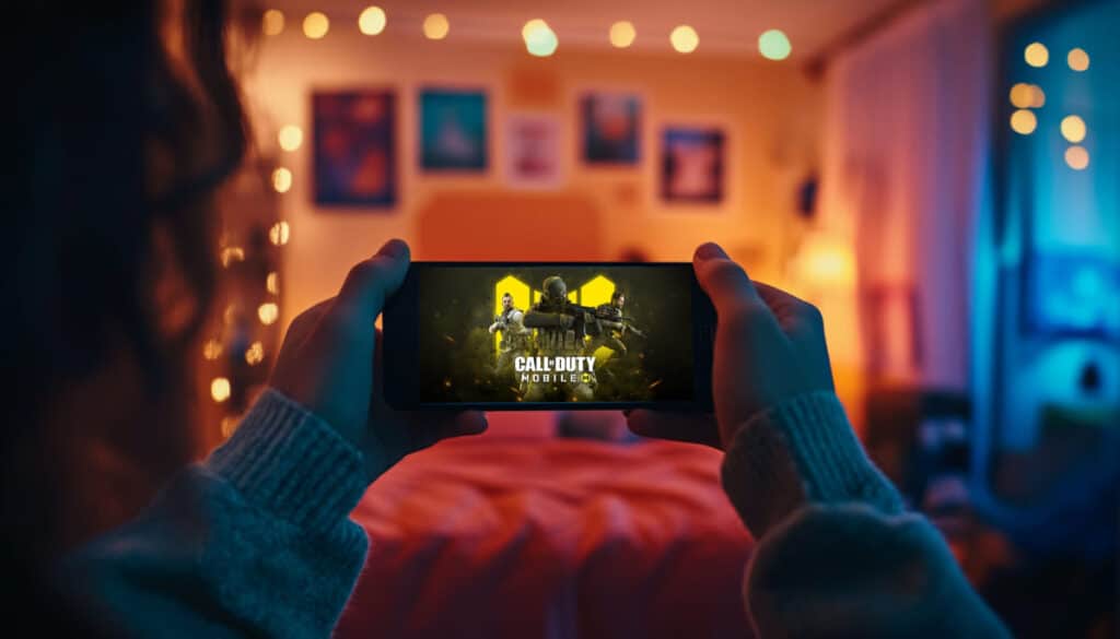 A person holds a smartphone displaying the "Call of Duty: Mobile" game in a cozy, softly lit bedroom.
