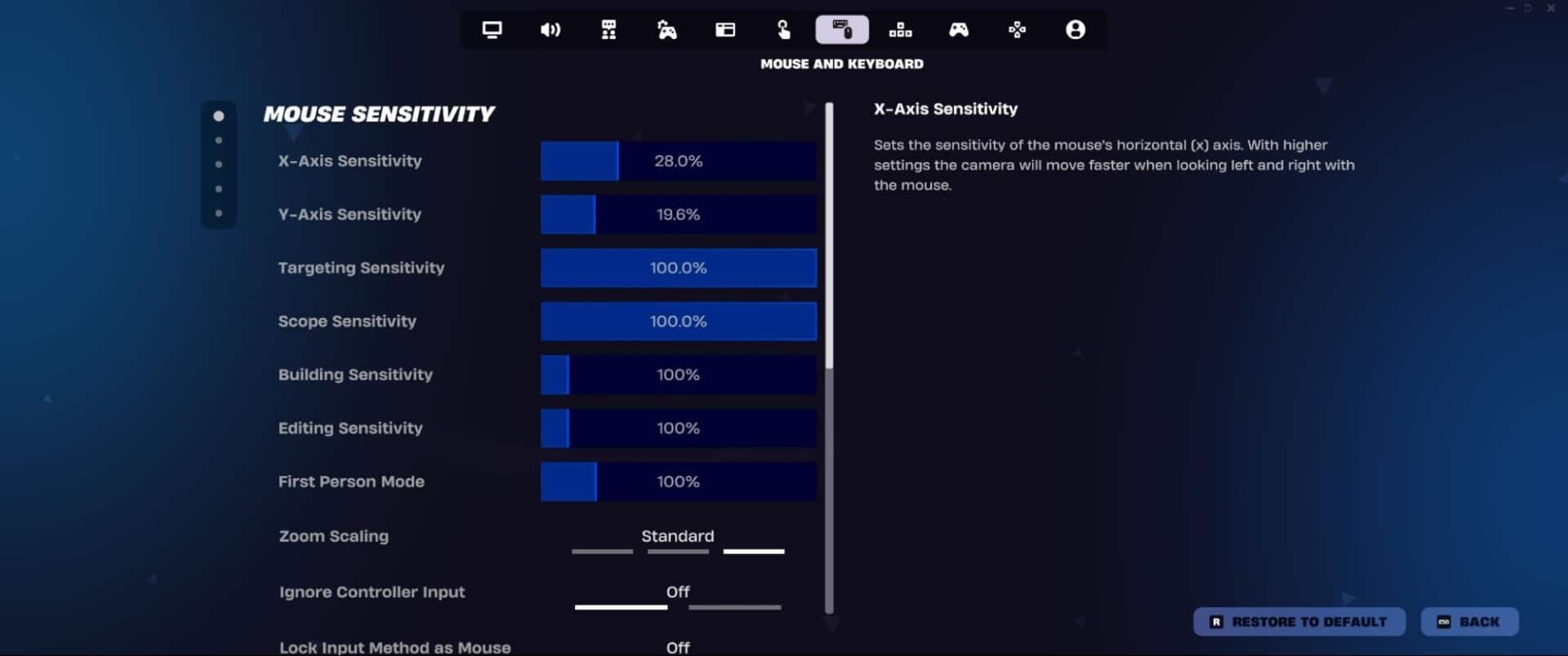 Settings menu interface shows mouse sensitivity options, including X-axis, Y-axis, and targeting sensitivities, with adjustable blue bars. Tone: technical
