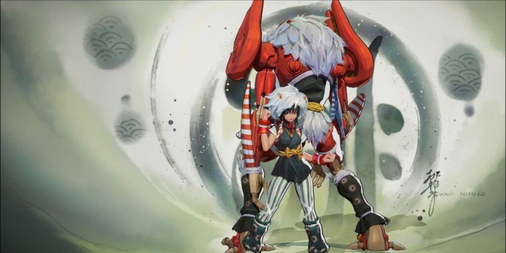 A warrior Peni in elaborate armor with white hair stands confidently beside a large mechanical Yatsukahagi skin, set against a serene backdrop.