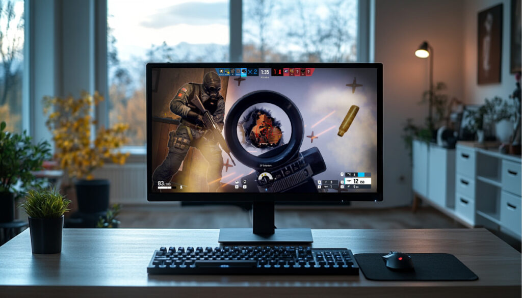 A home gaming setup with Rainbow Six Siege displayed on a monitor, showing an operator aiming through a scope during an intense gunfight