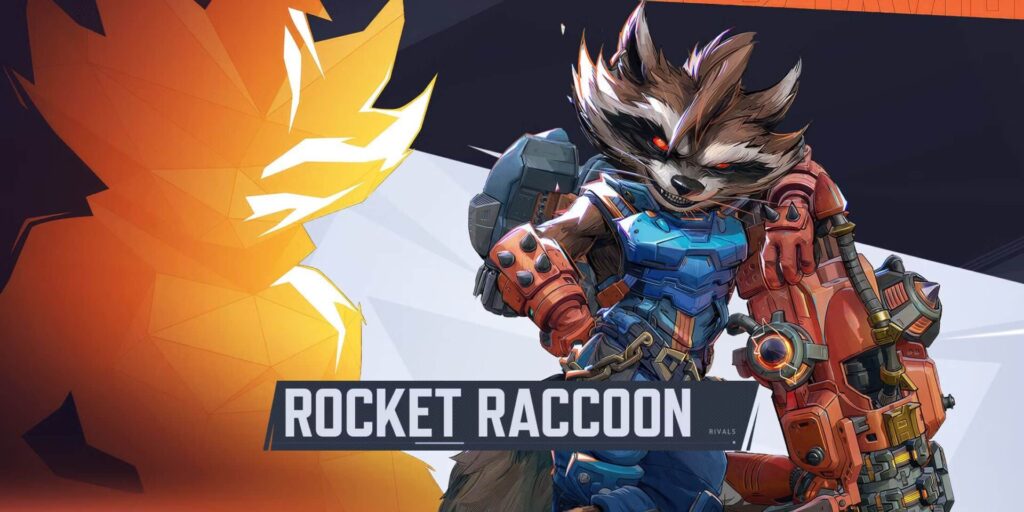 Rocket Raccoon from Marvel Rivals stands confidently in detailed sci-fi armor, with a large mechanical arm and a fierce expression